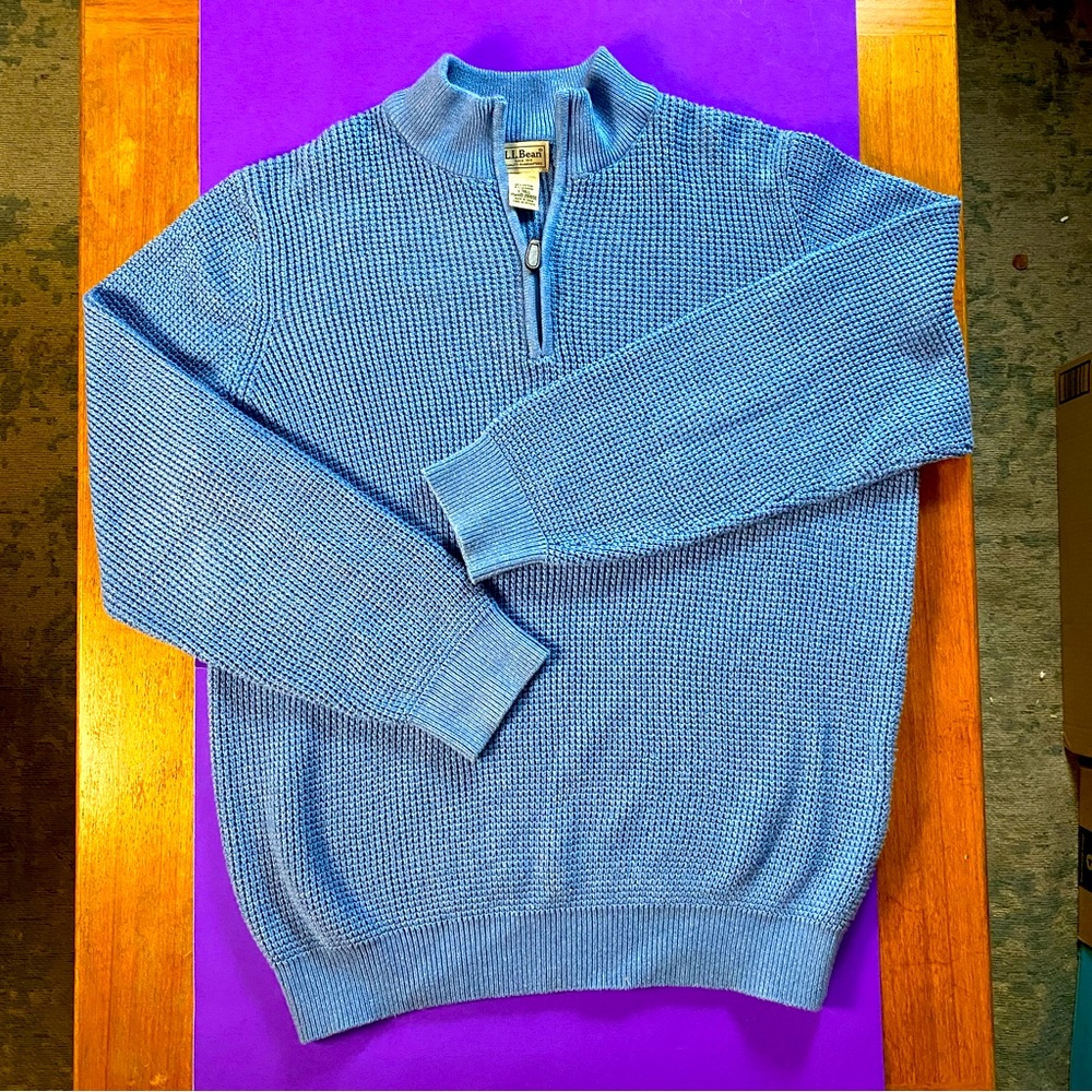 LL Bean Cotton Cashmere Waffle Mock Mens Large + Tall 1/4 Zip Sweater Baby Blue